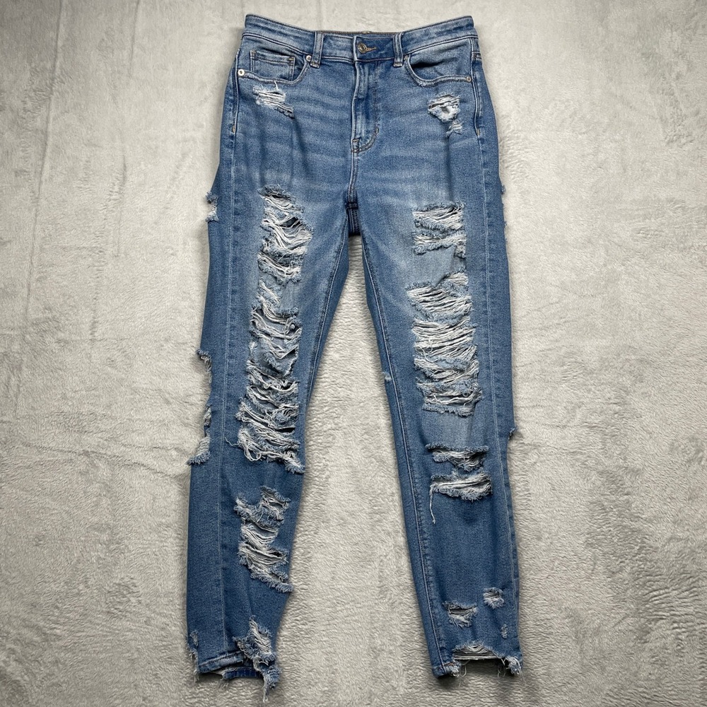 American Eagle Mom Jeans Women 4 Blue Distressed High Rise Shredded Tapered Leg